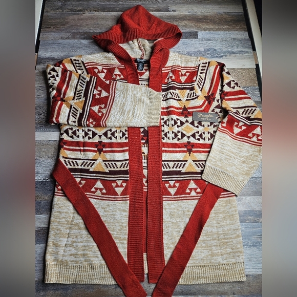 Wrangler Retro Cardigan With Hood Belt Size Large Oatmeal Aztec Print Western - Picture 4 of 13